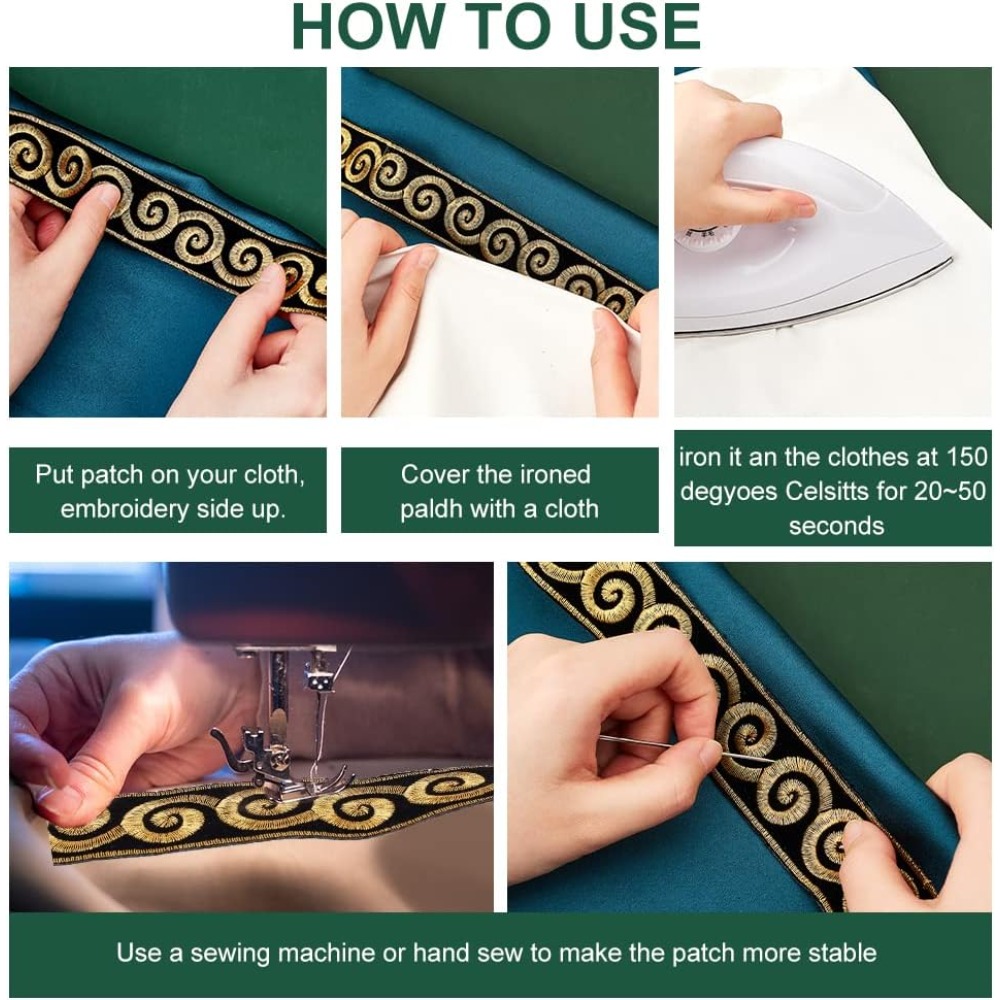 Golden Thread Embroidery Trim with Vintage Scroll Pattern, 2 Meters